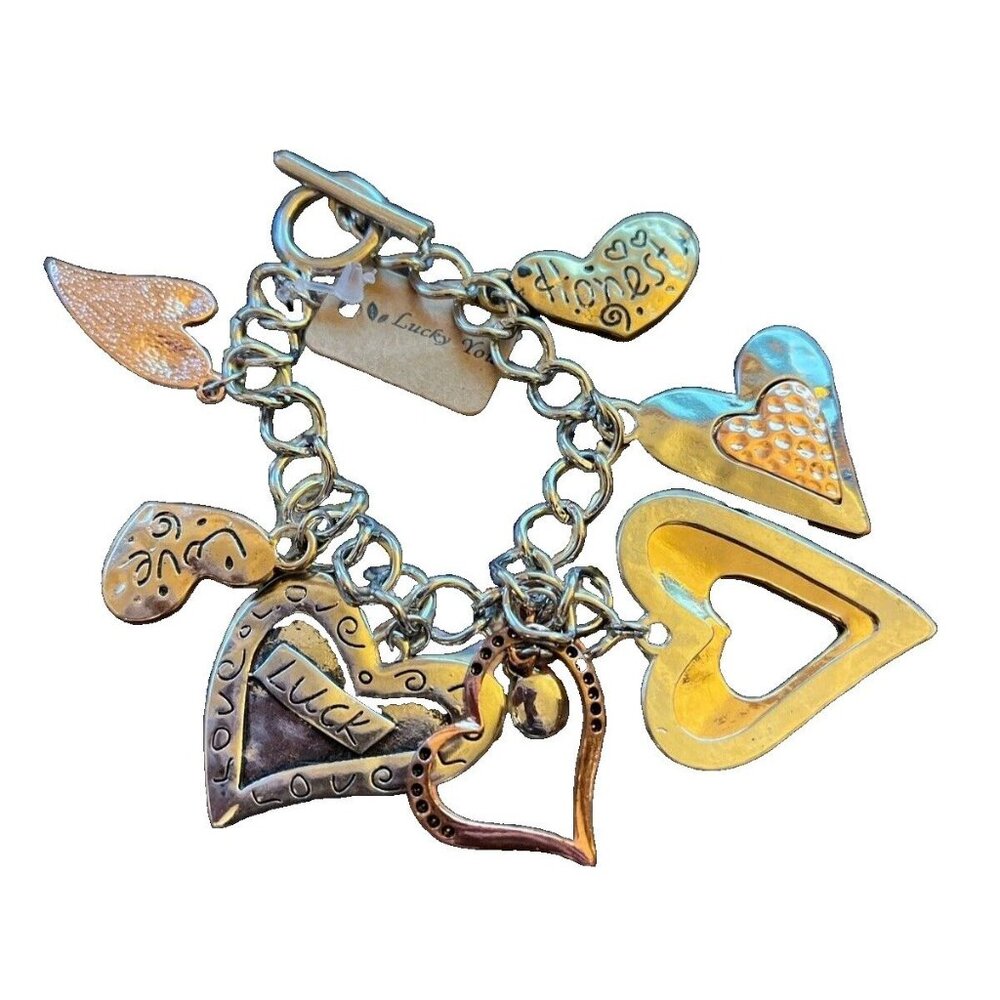 Gold Silver Copper 3 Tone Heart Valentine Inspiratioinal Crystal Charm Bracelet